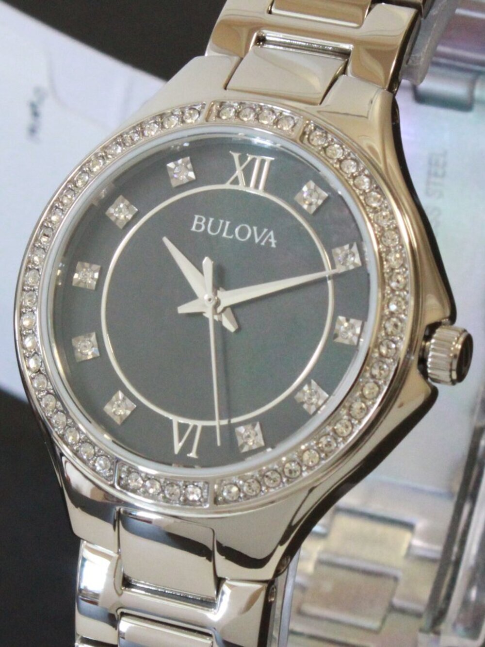 Bulova Classic Quartz Watch Black MOP Dial Crystal Bezel And Indices 30mm - Picture 10 of 13